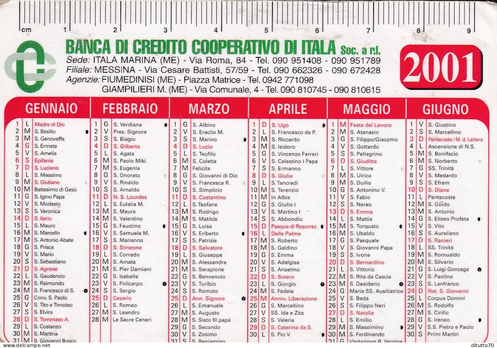 Calendarietto - Banca Di Credito Cooperativo Di Italia - Itala Marina - Messina - Anno 2001 - Tamaño Pequeño : 1991-00