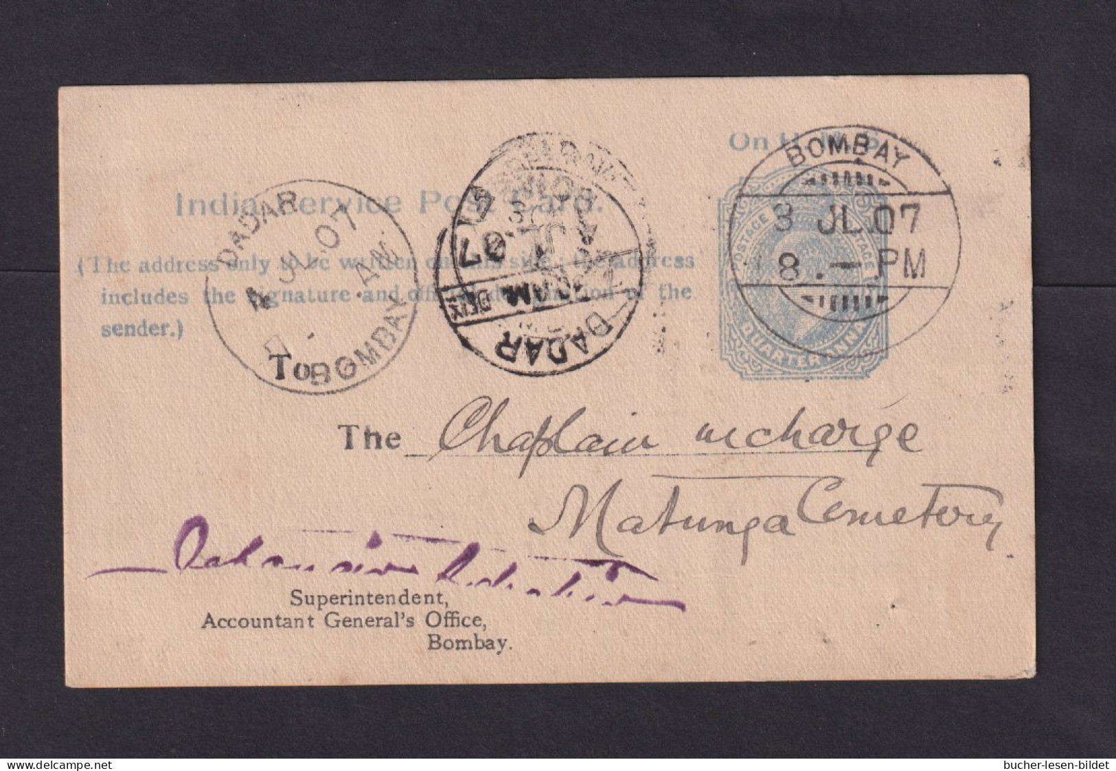 1/4 A. Dienst-Ganzsache Ab Bombay Nach Dadar - 1902-11 King Edward VII