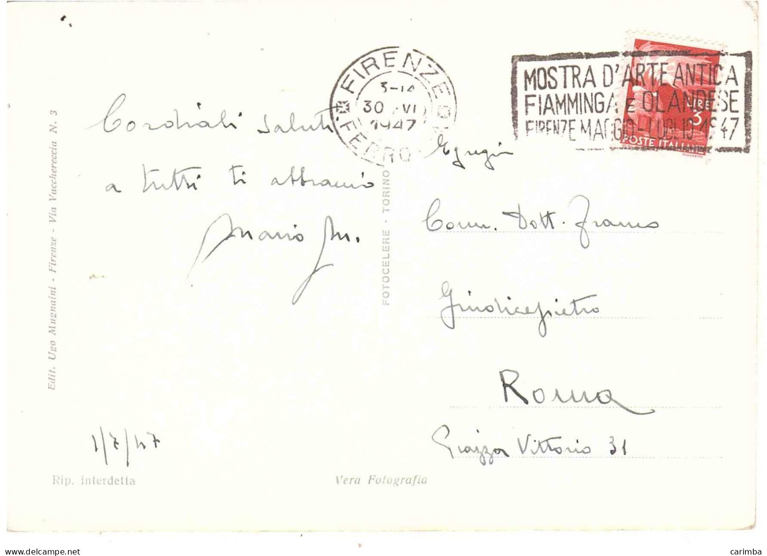 CARTOLINA FIRENZE UFFIZI ANNULLO TARGHETTA ARTE ANTICA - 1946-60: Poststempel