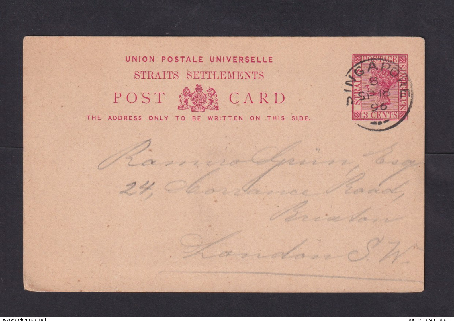 1896 - 3 C. Ganzsache (P 13) Ab Singapore Nach London - Straits Settlements