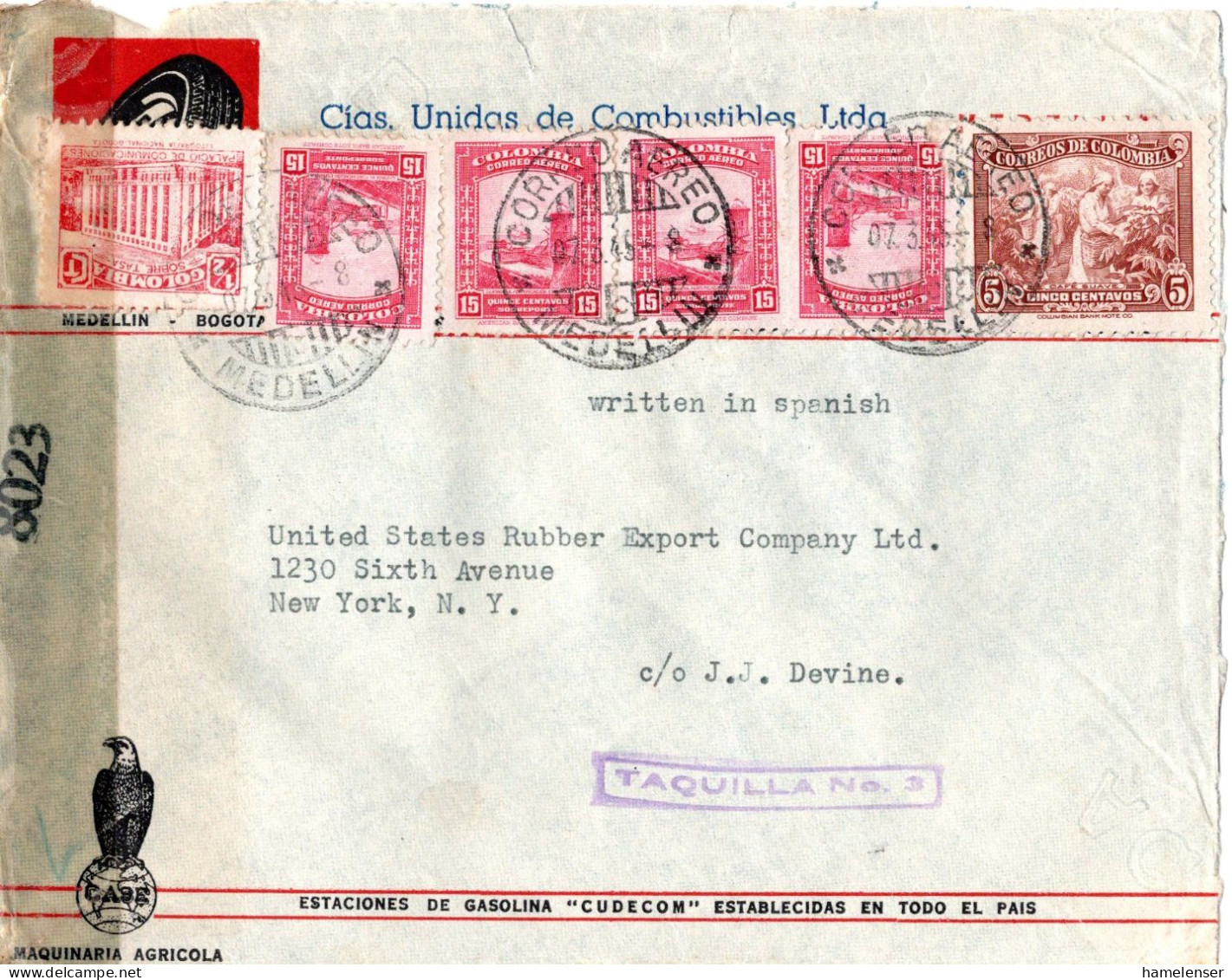 77887 - Kolumbien - 1945 - 4@15c Luftpost MiF A LpBf M US-Zensur MEDELLIN -> New York, NY (USA) - Colombie