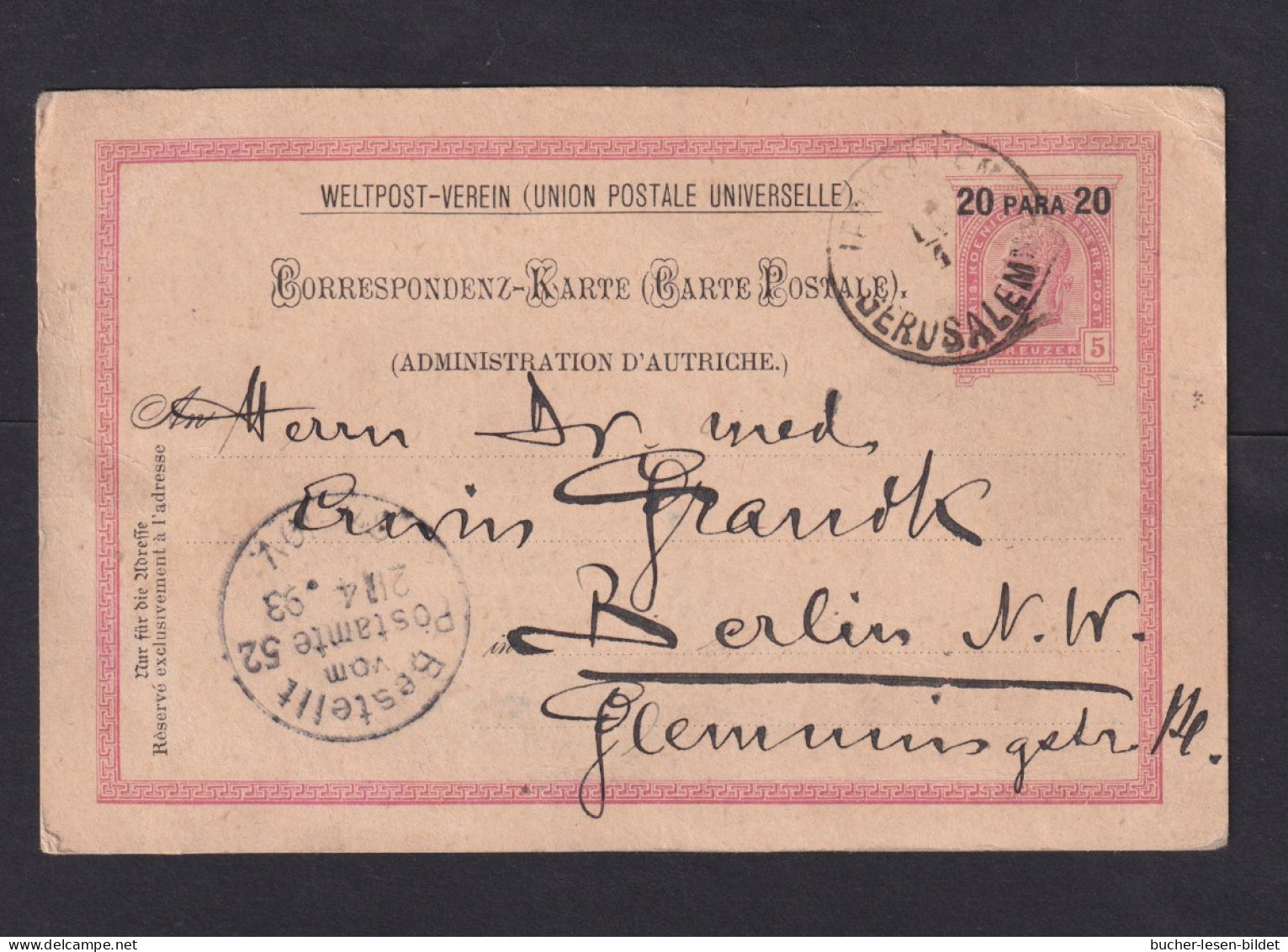 1893 - 20 P. österreichische Ganzsache Ab Gerusalemme Nach Berlin - Palestine