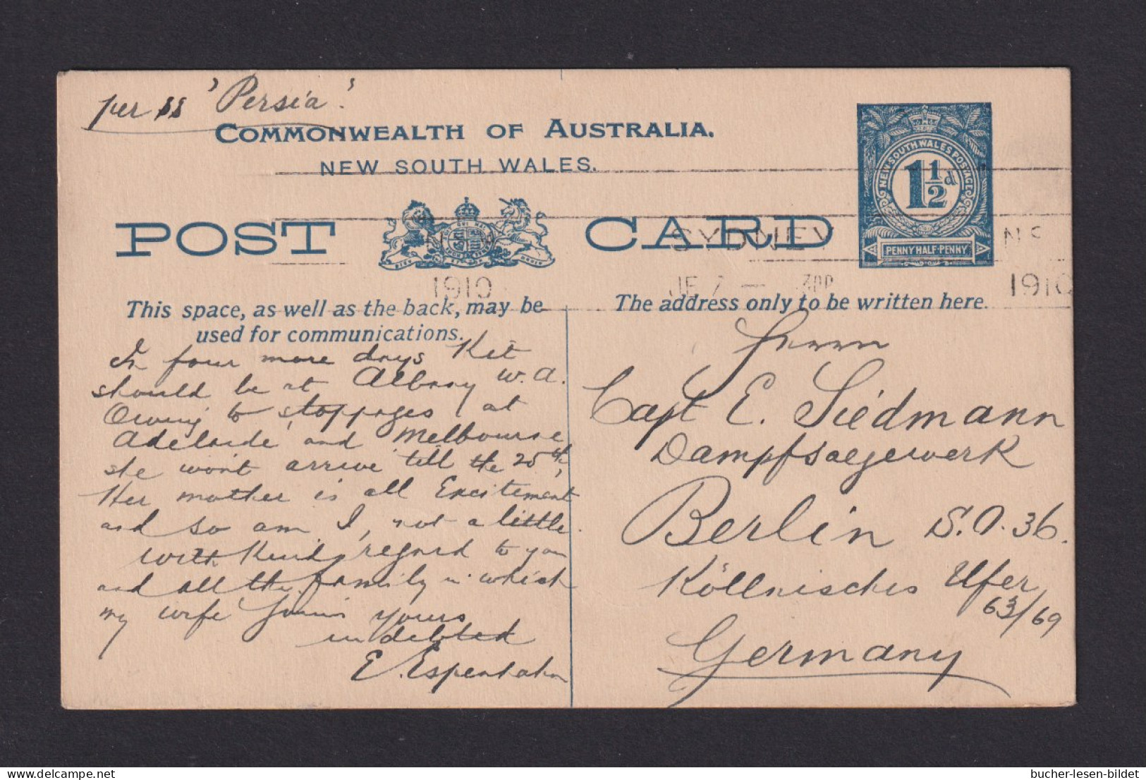 1910 - 1 1/2 P. Ganzsache Ab Sydney Nach Berlin - Storia Postale