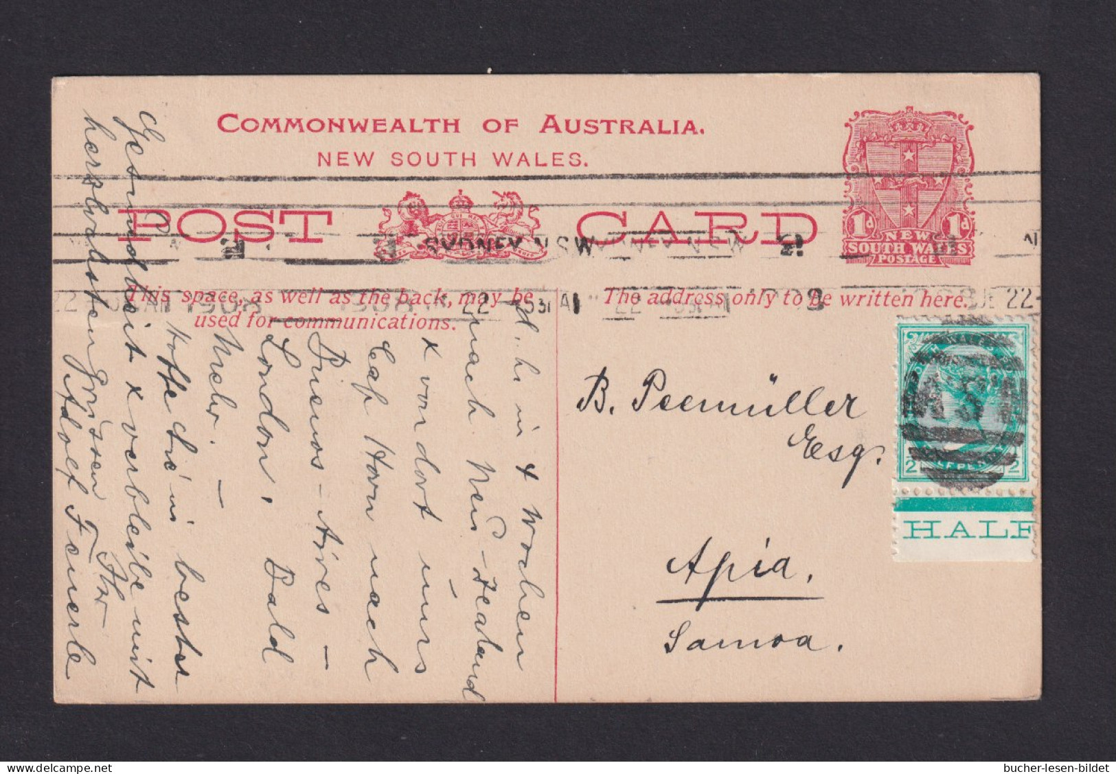 1908 - 1 P. Ganzsache Mt 1/2 P. Unterrand Zufrankiert Ab Sydney Nach SAMOA - Brieven En Documenten