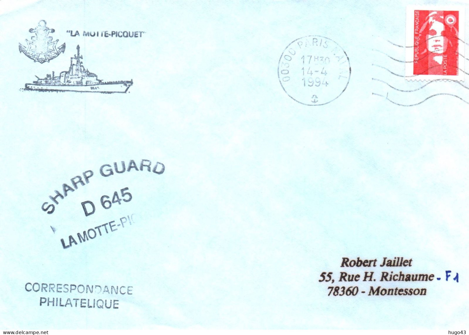 ENVELOPPE AVEC CACHET FREGATE FASM LA MOTTE PICQUET - SHARP GUARD D 645 - PARIS NAVAL LE 14/04/1994 - Correo Naval