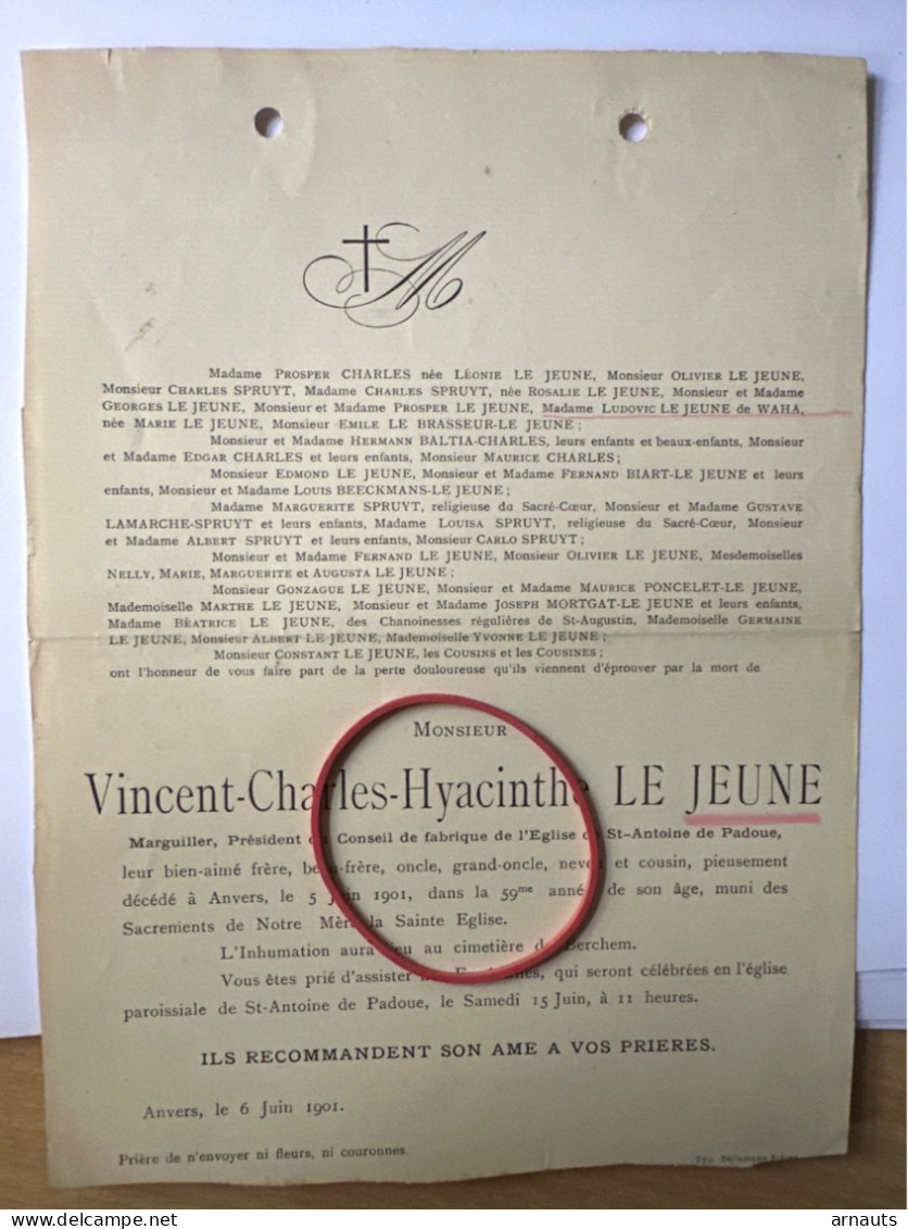 Vincent Le Jeune Marguiller Église St Antoine De Padoue *1842+1901 Anvers Berchem De Waha Le Brasseur Beeckmans Spruyt P - Obituary Notices