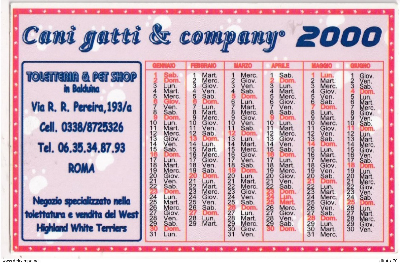 Calendarietto - Cani Gatti E Companyy -  Roma  - Anno 2000 - Formato Piccolo : 1991-00