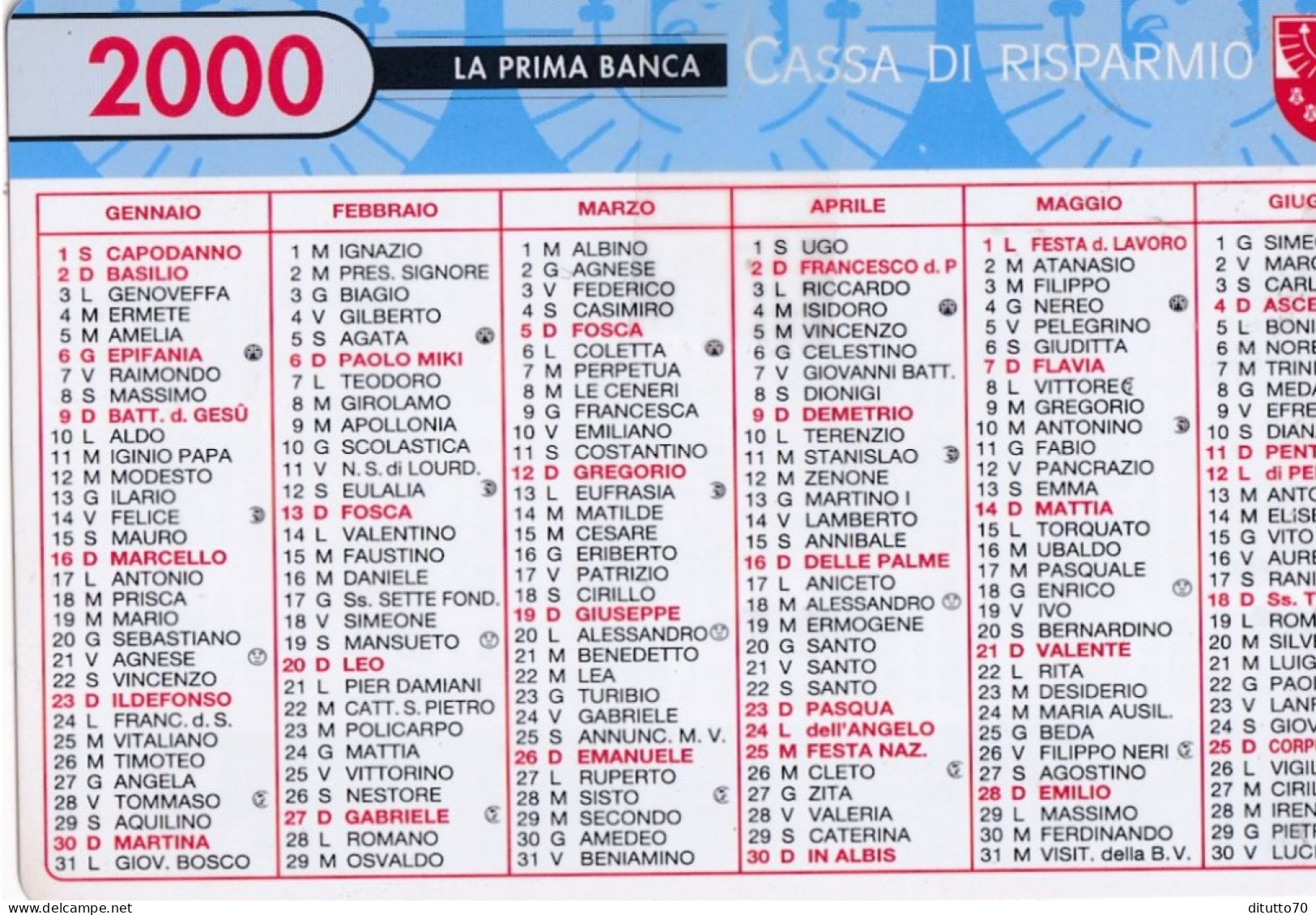 Calendarietto - Cassa Di Risparmio - Anno 2000 - Tamaño Pequeño : 1991-00