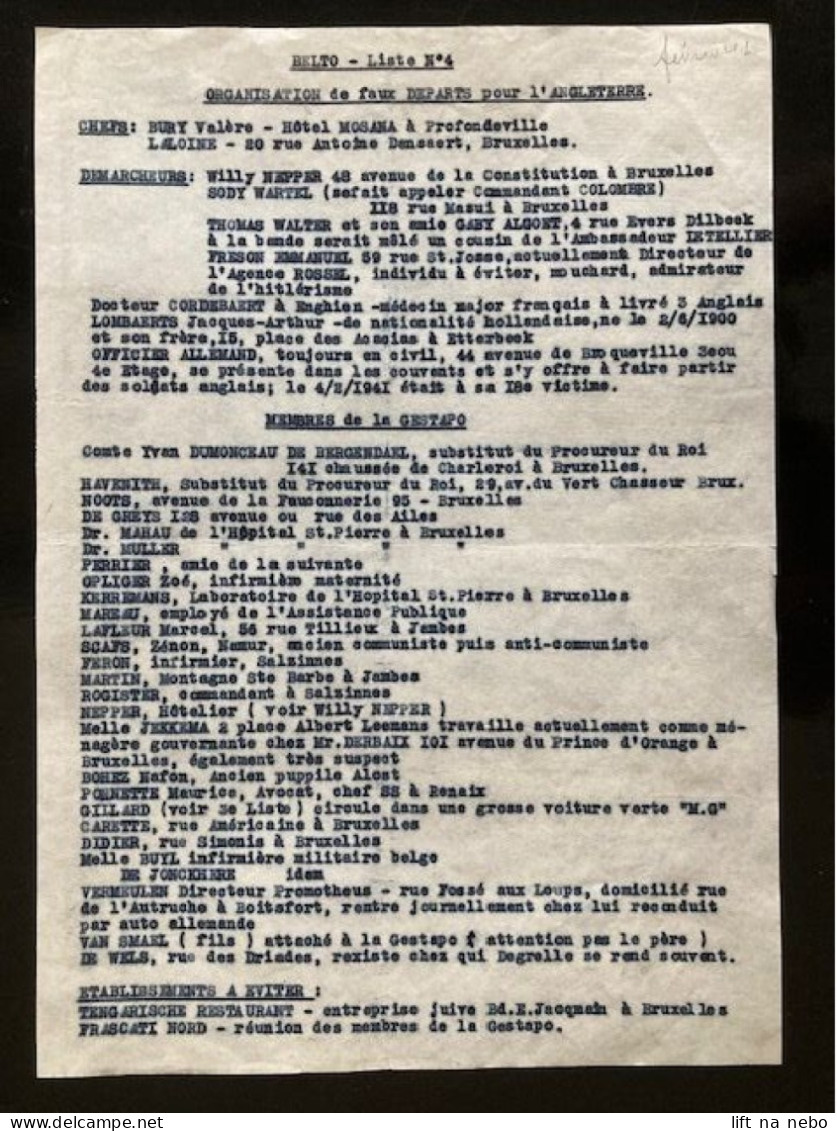 Tract Presse Clandestine Résistance Belge WWII WW2 'Belto - Liste No. 4 Organisation De Faux Départs Pour L'Angleterre' - Documentos