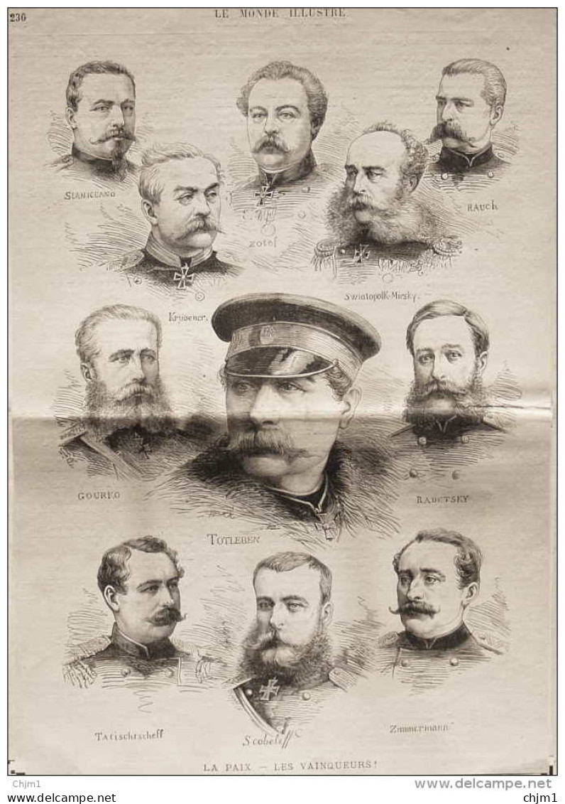 La Paix - Les Vainqueurs - Slaniceano - Zotof - Rauch - Radetsky - Gourko - Totleben - Scobeleff - Page Original  1878 - Historische Dokumente