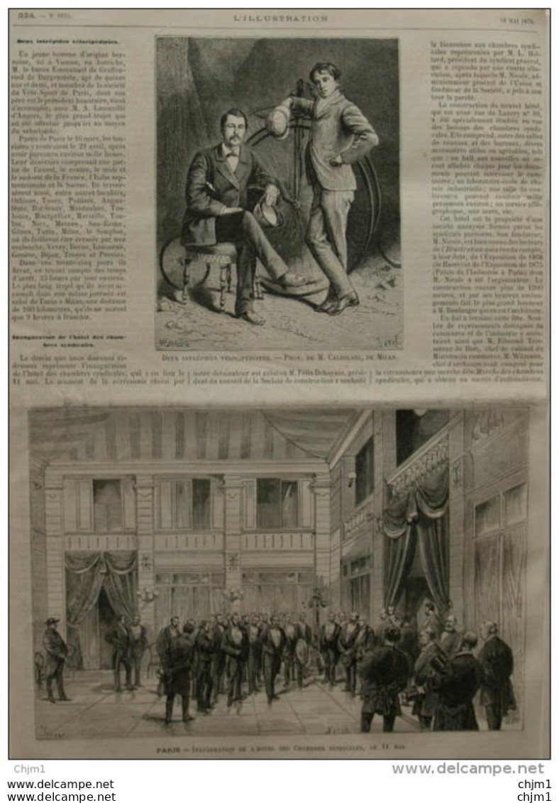 Deux Intrépides Vélocipédistes - Paris - Inauguration De L'hôtel Des Chambres Syndicales - Page Original - 1878 - Historische Dokumente