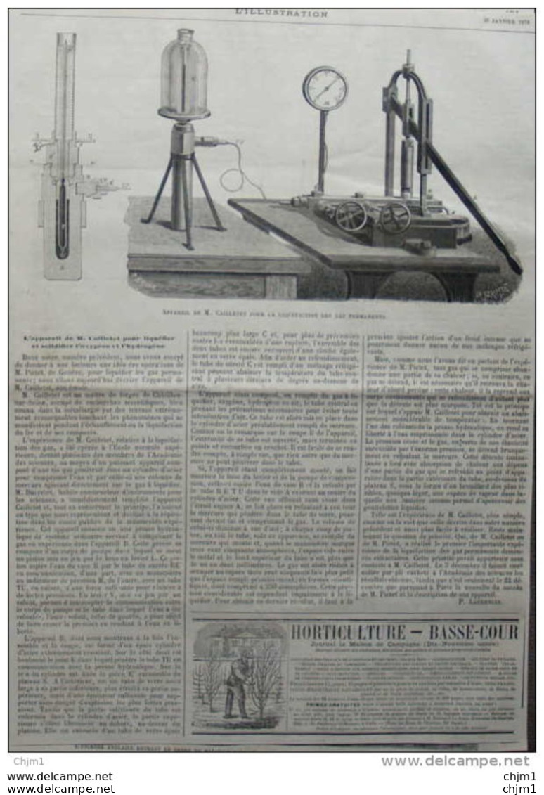 Appareil De Cailletet Pour La Liquéfaction Des Gaz Permanents - Page Original 1878 - Historische Dokumente