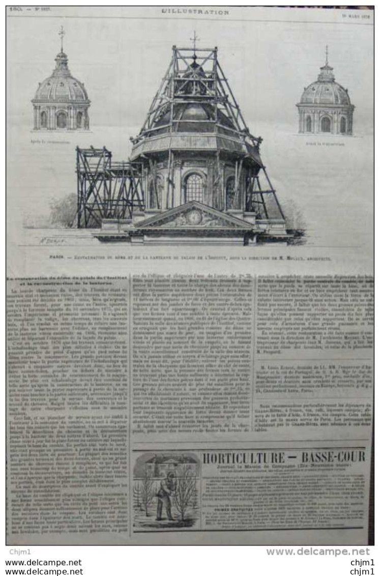 Paris - Réstauration Du Dôme Et De La Lanterne Du Palais De L'institut  - Page Original 1878 - Documents Historiques