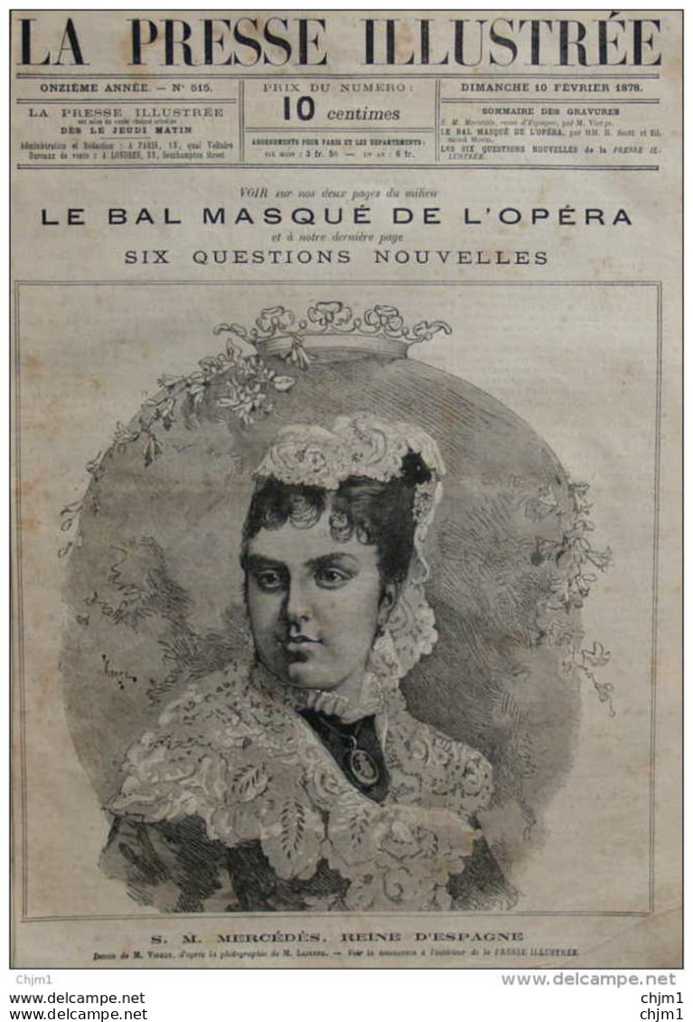 S. M. Mercédès, Reine D'Espagne -  Page Original 1878 - Documenti Storici