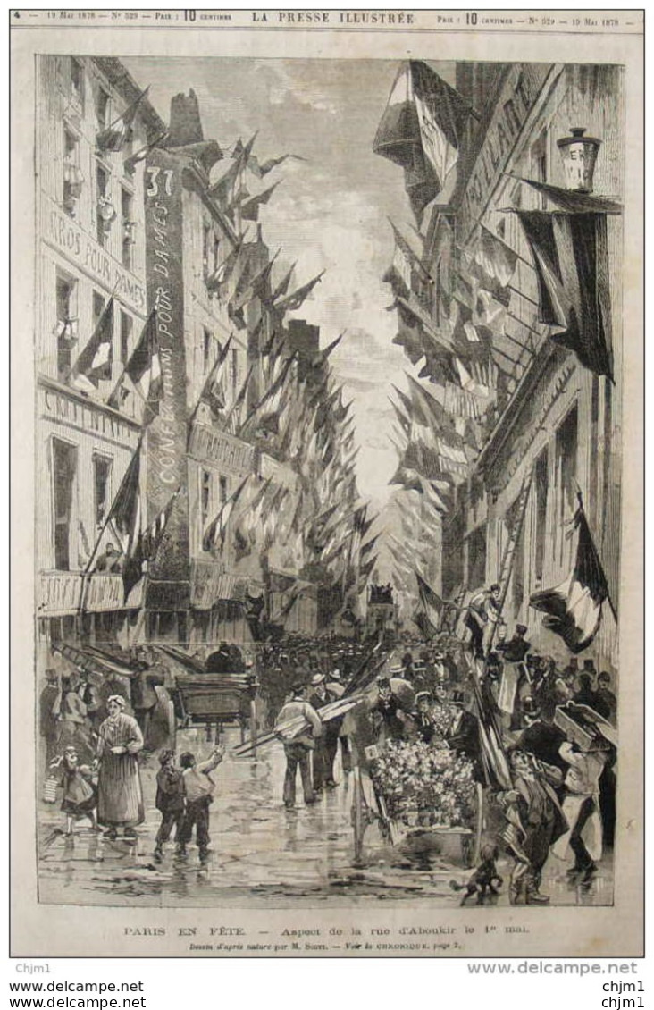 Paris En Fête - Aspect De La Rue D'Aboukir Le 1er Mai -  Page Original - 1878 - Documents Historiques