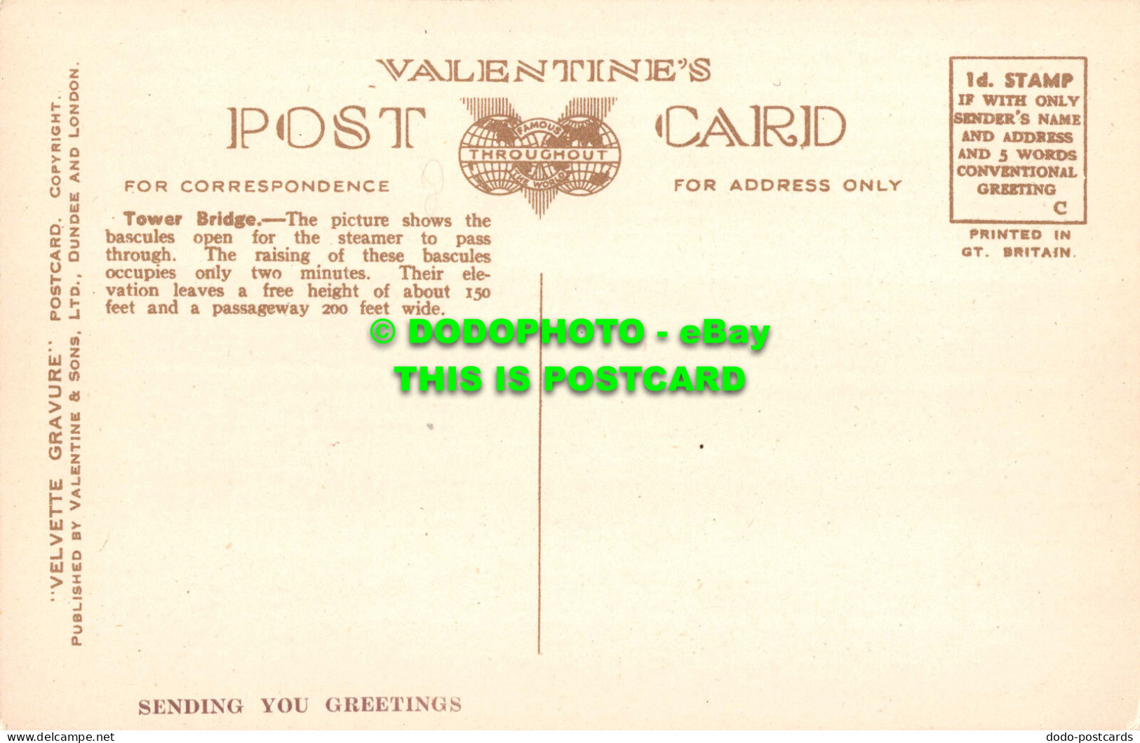 R536603 London. Tower Bridge. Valentine. Velvette Gravure - Other & Unclassified