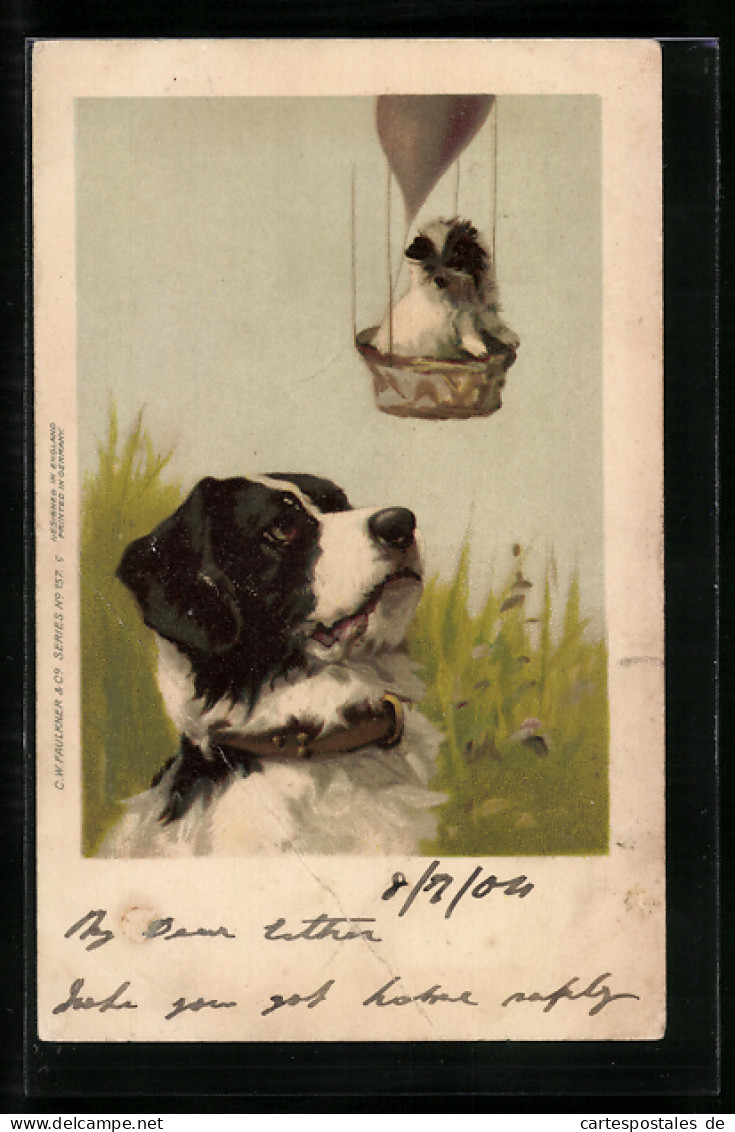 Lithographie Bernhardiner Sieht Hundewelpe Im Körbchen Vorbeischweben  - Honden