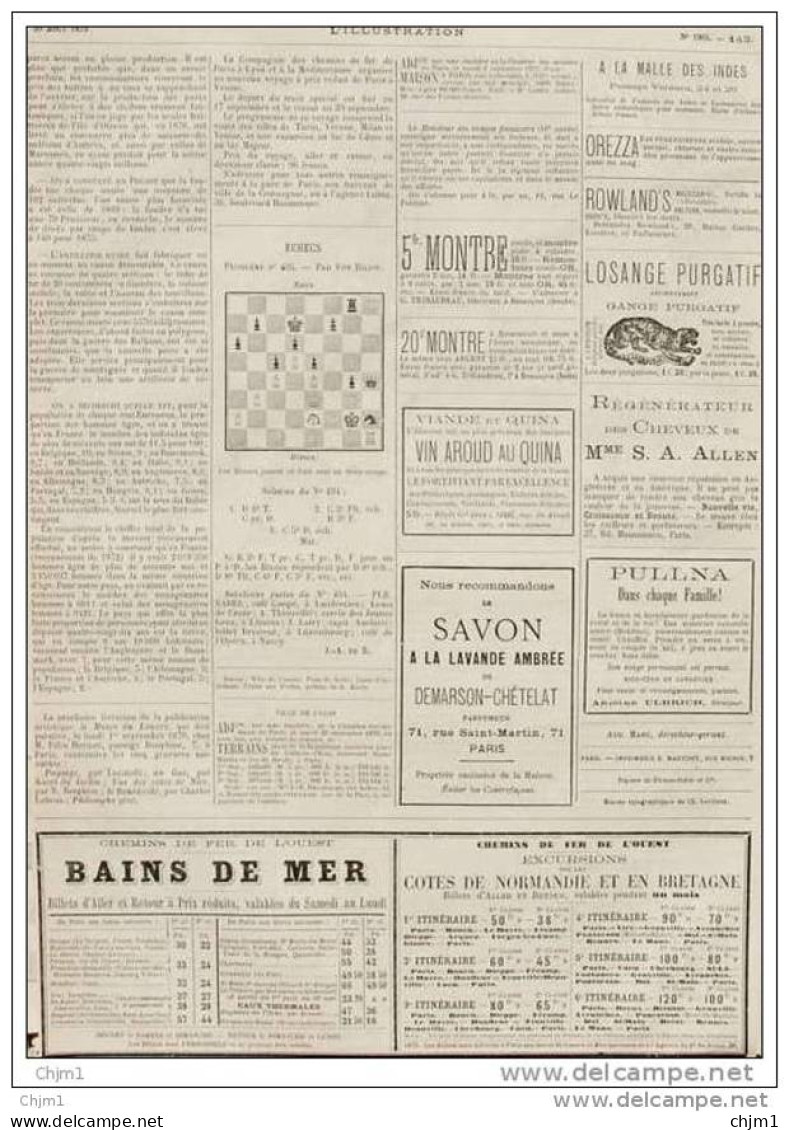 Échecs - Problème N° 495 Par Von Bilow - Schach - Chess - Page Original 1879 - Documents Historiques