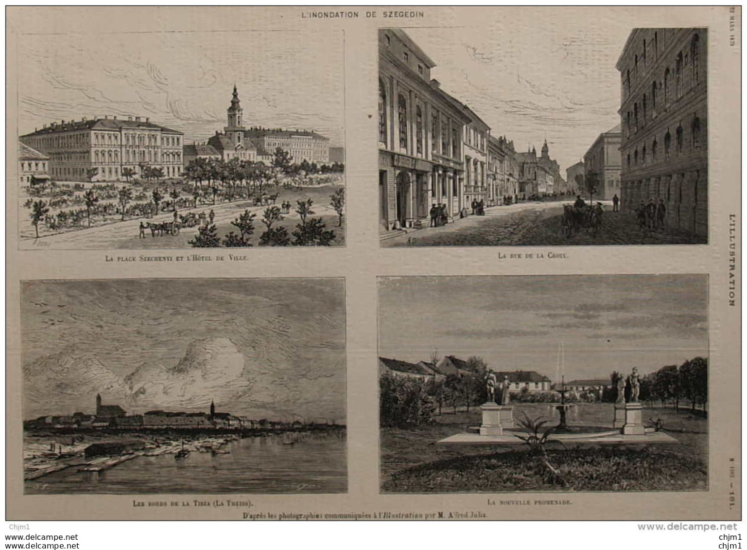 L'inondation De Szégedin - Les Bords De La Tiszla  - La Place Szechenyi Et L'hôtel De Ville - Page Original 1879 - 2 - Documenti Storici