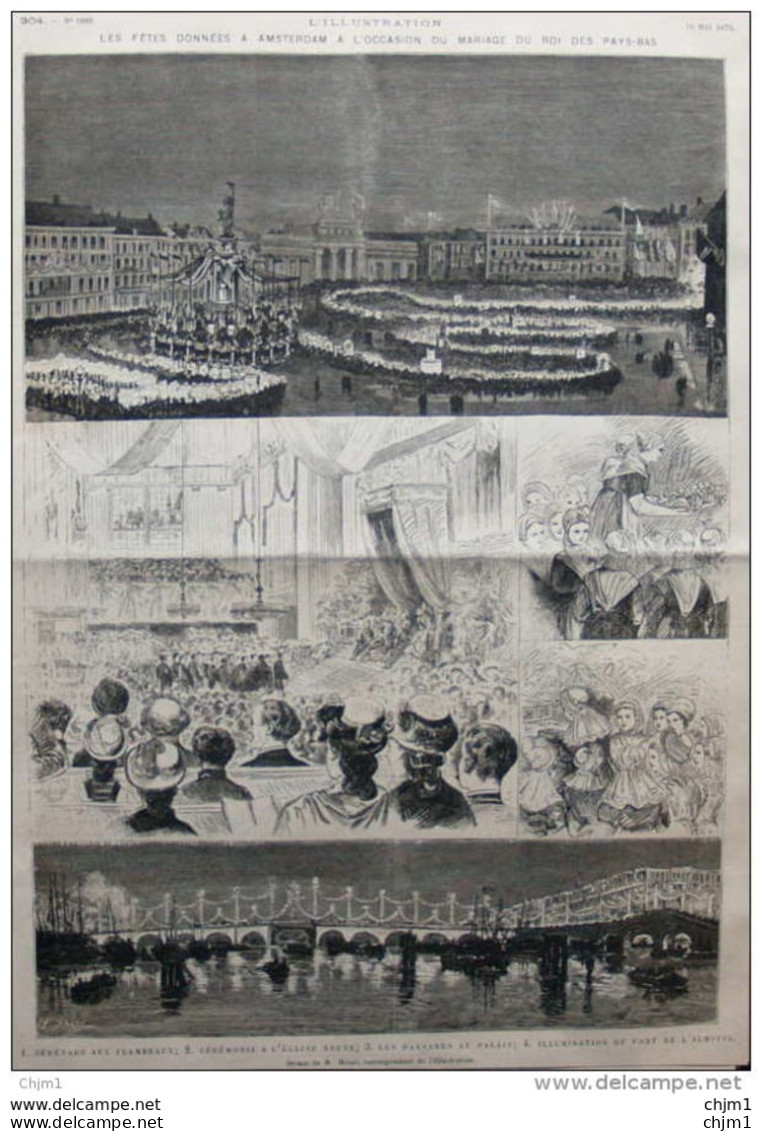 Les Fêtes Données à Amsterdam à L'occassion Du Mariage Du Roi Des Pays-Bas - Pont De Almstel - Page Original 1879 - Documenti Storici