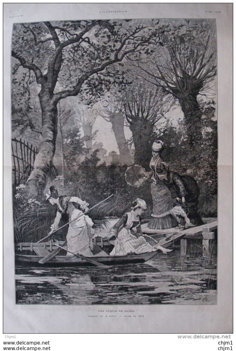 "une Partie De Dames", Tableau De M. Beyle - Page Double Original 1879 - Documents Historiques
