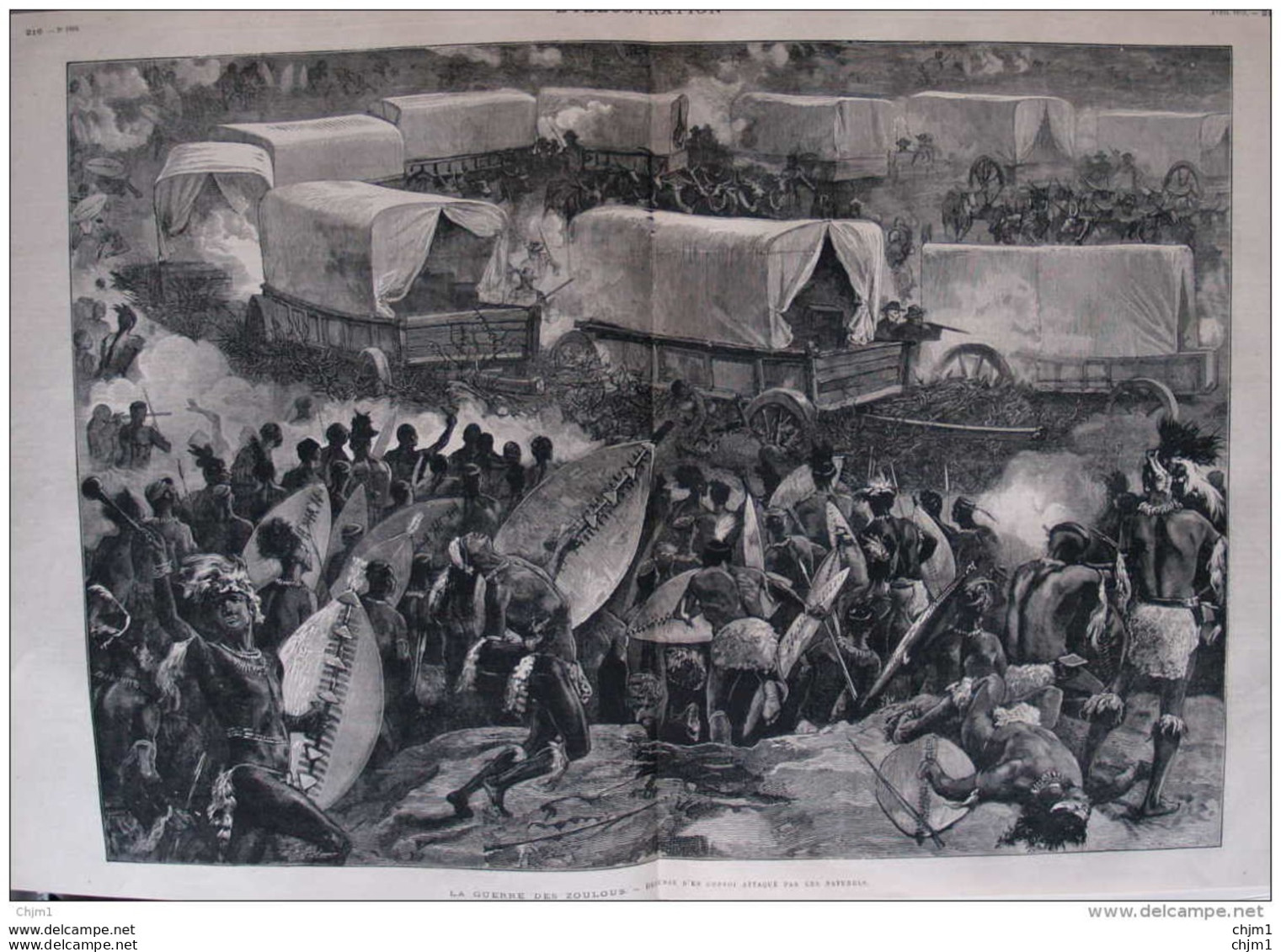 La Guerre Des Zoulous - Défense D'un Convoi Attaqué Par Les Naturels - Page Double Original 1879 - Historische Documenten