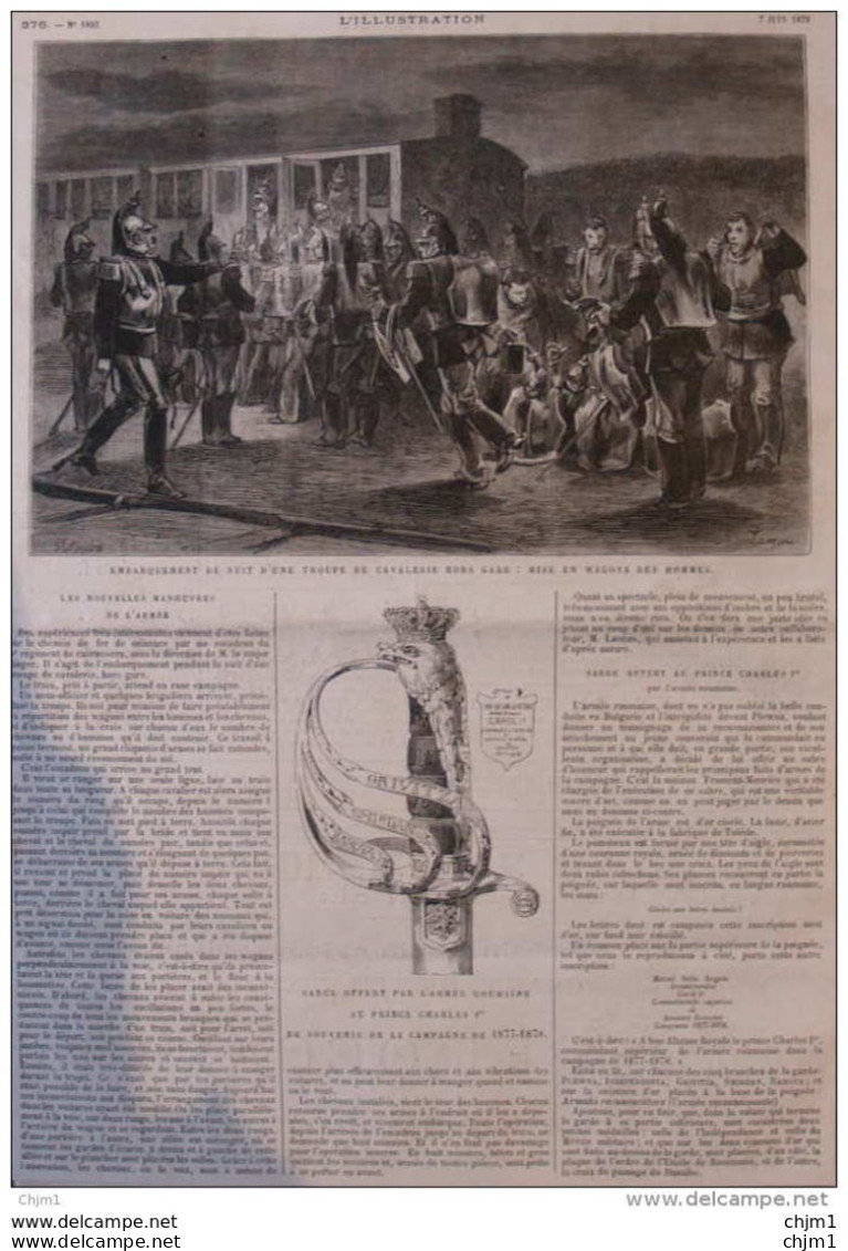 Les Nouvelles Manoeuvres De L'armée - Embarquement De Nuit - Mise En Wagon Des Hommes - Page Original 1879 - Historical Documents