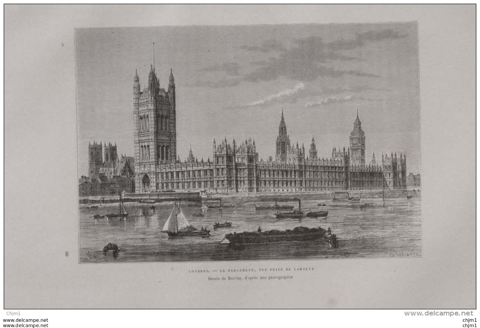 Londres (London) - Le Parlament, Vue Prise De Lambeth -  Page Original 1879 - Documents Historiques