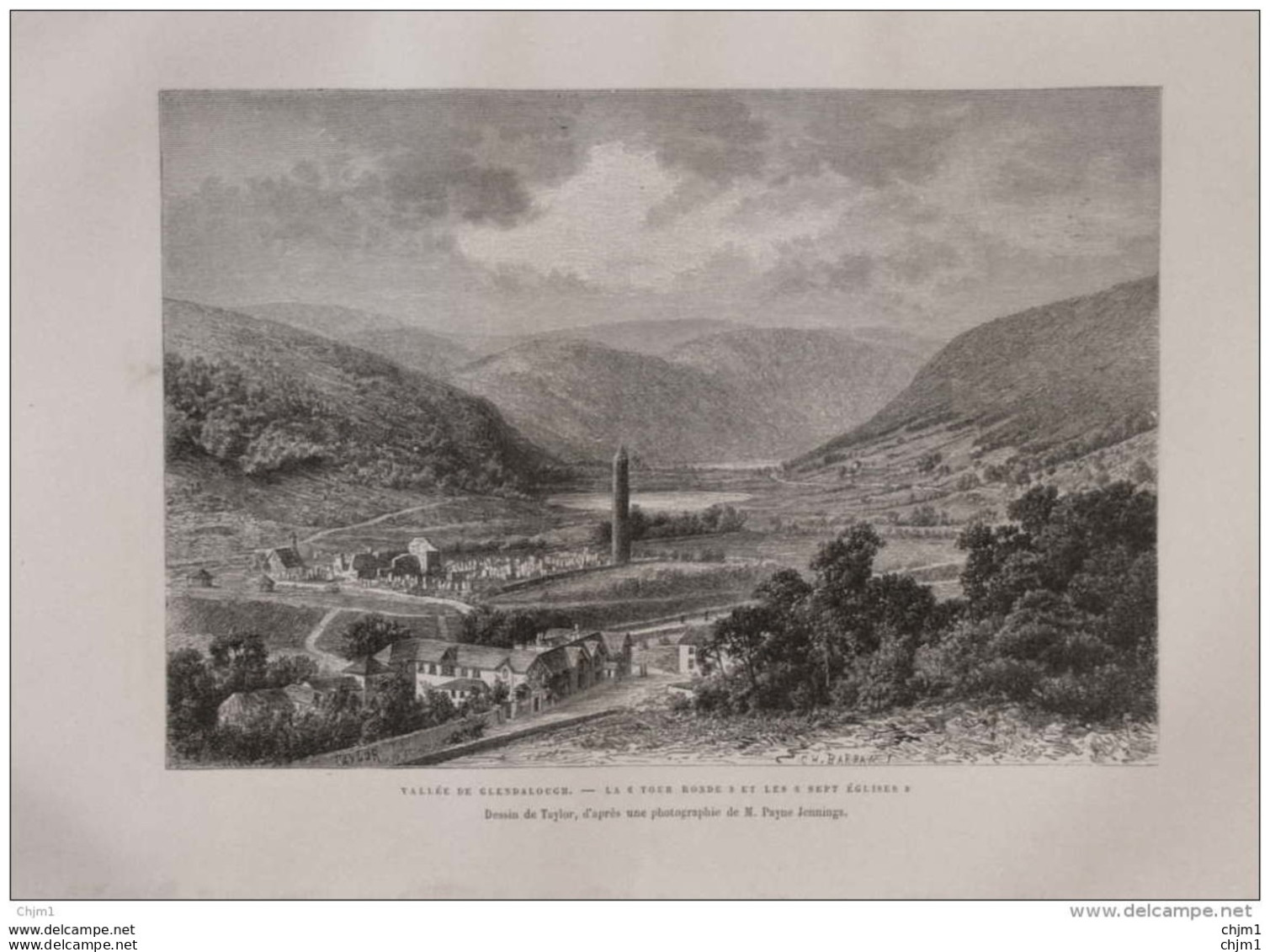 Vallée De Glendalough - La Tour Ronde Et Les Sept églises -  Page Original 1879 - Historical Documents