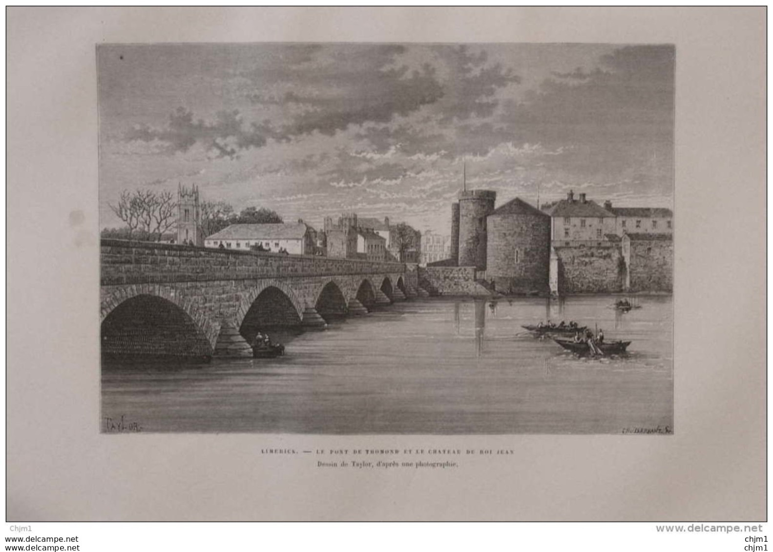 Limerick - Le Pont De Thomond Et Le Château Du Roi Jean-  Page Original 1879 - Historische Documenten