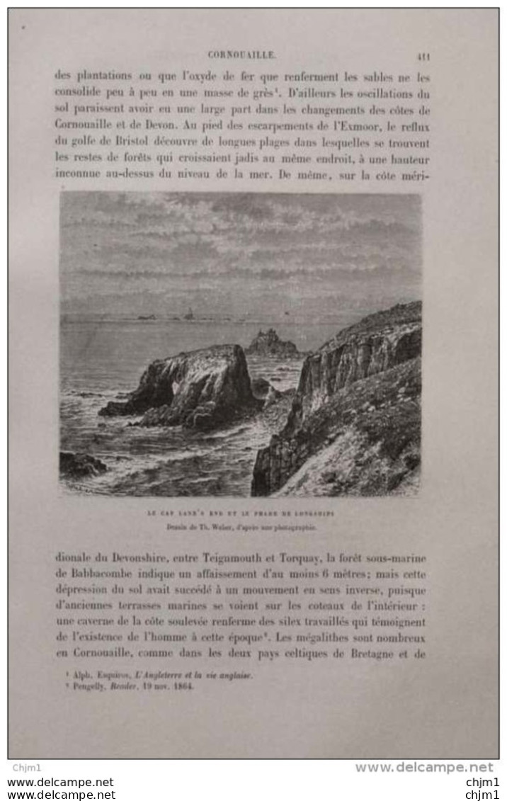 Le Cap Land's End Et Le Phare De Longships -  Page Original 1879 - Historical Documents