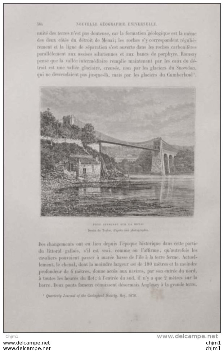 Pont Suspendu Sur La Menai -  Page Original 1879 - Historical Documents