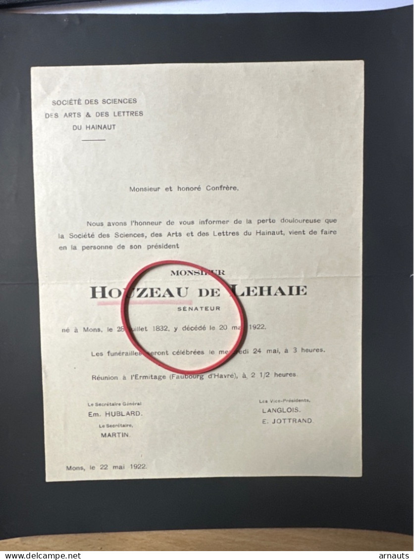 Mr Houzeau De Lehaie Senateur *1832 Mons +1922 Huy Faubourg Havre Societe Des Sciences Arts & Lettres Hainaut Jottrand L - Décès