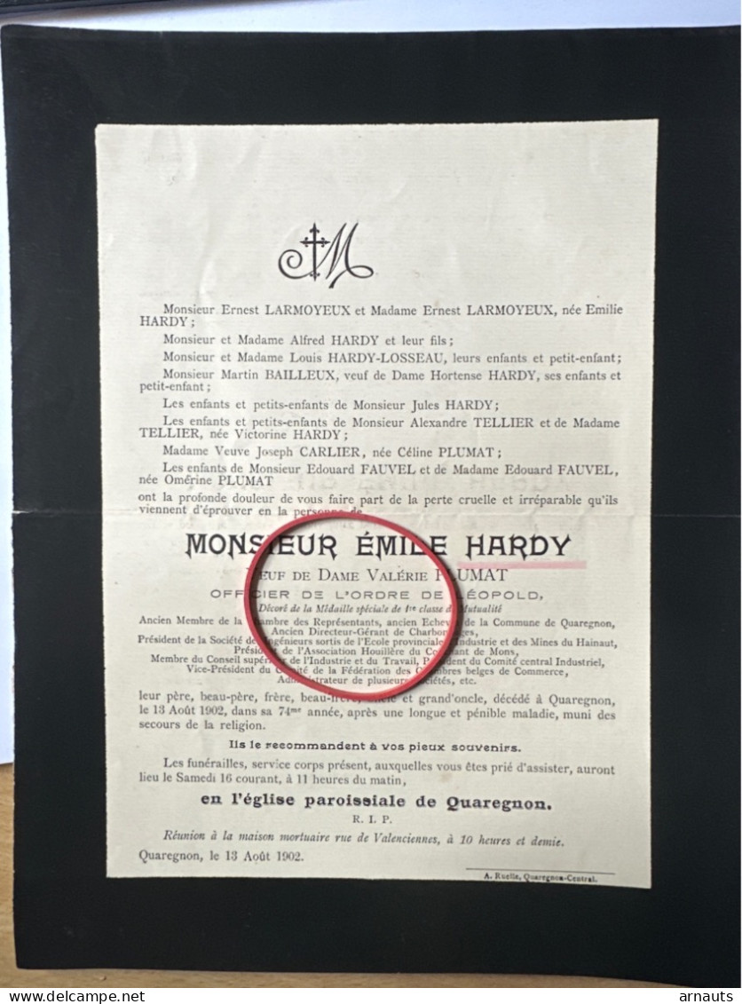 Emile Hardy Verf Plumat Valerie *1828+1902 Quaregnon Echevin Chambre Representants Charbonnages Industrie Mines Hainaut - Todesanzeige