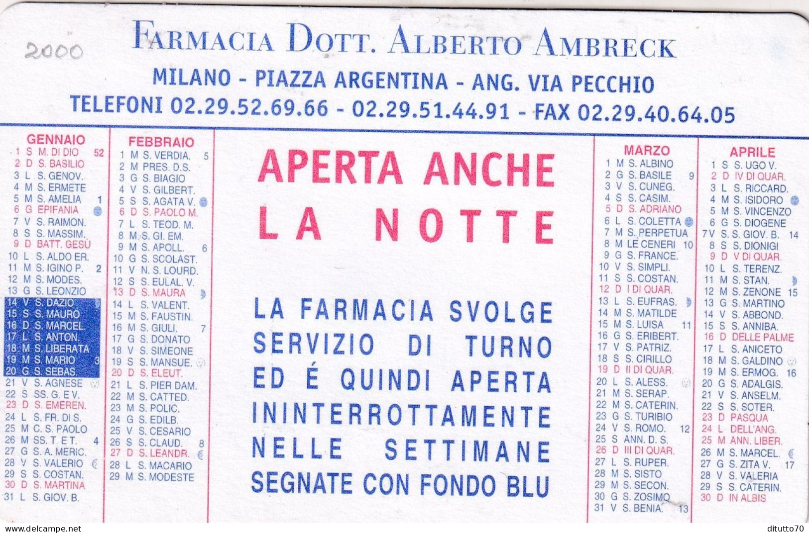 Calendarietto - Farmacia - Dott.alberto Ambreck - Milano - Anno 2000 - Kleinformat : 1991-00