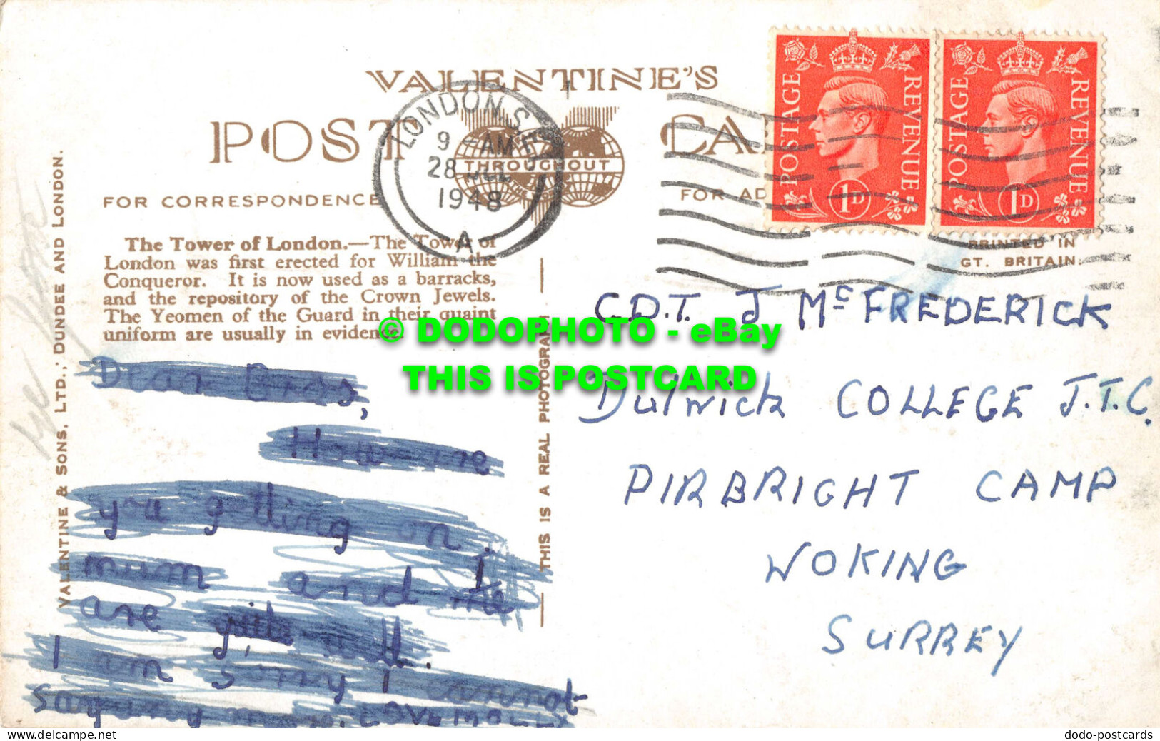 R536338 Tower Of London. Valentine. RP. 1948 - Sonstige & Ohne Zuordnung