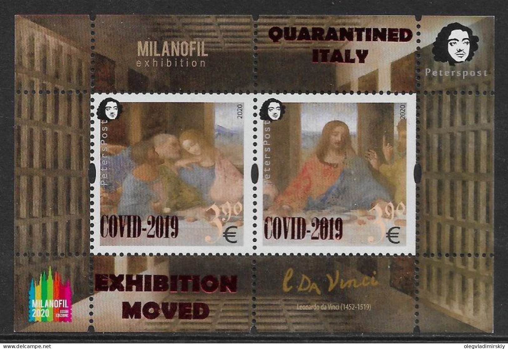 Finland 2020 Quarantined Italy COVID-2019 Leonardo Da Vinci MILANOFIL Exhibition Muved Peterspost Block Overprint MNH - Religión