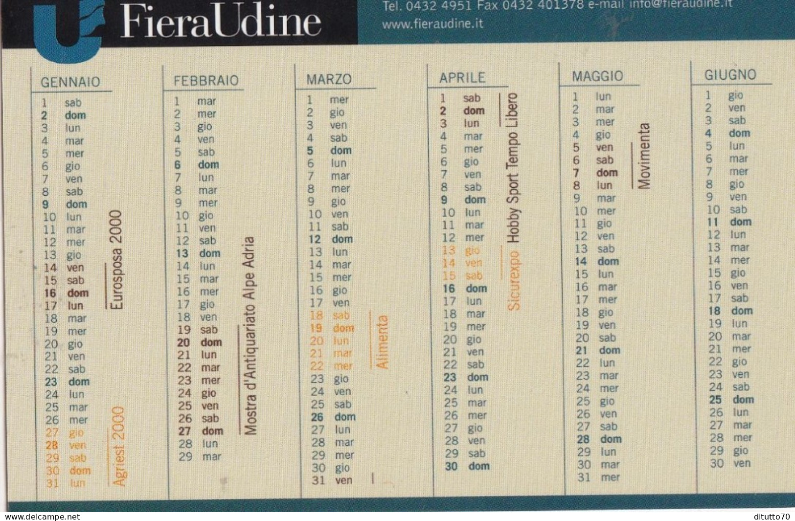 Calendarietto - Fiera Udine - Anno 2000 - Tamaño Pequeño : 1991-00