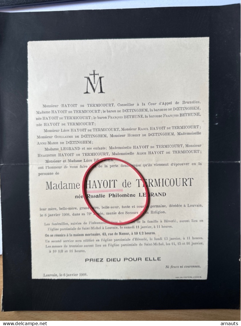 Madame Hayoit De Termicourt Nee Rosalie Legrand *1836+1908 Louvain Heverlee De Doetinghem Bethune De Thier - Obituary Notices