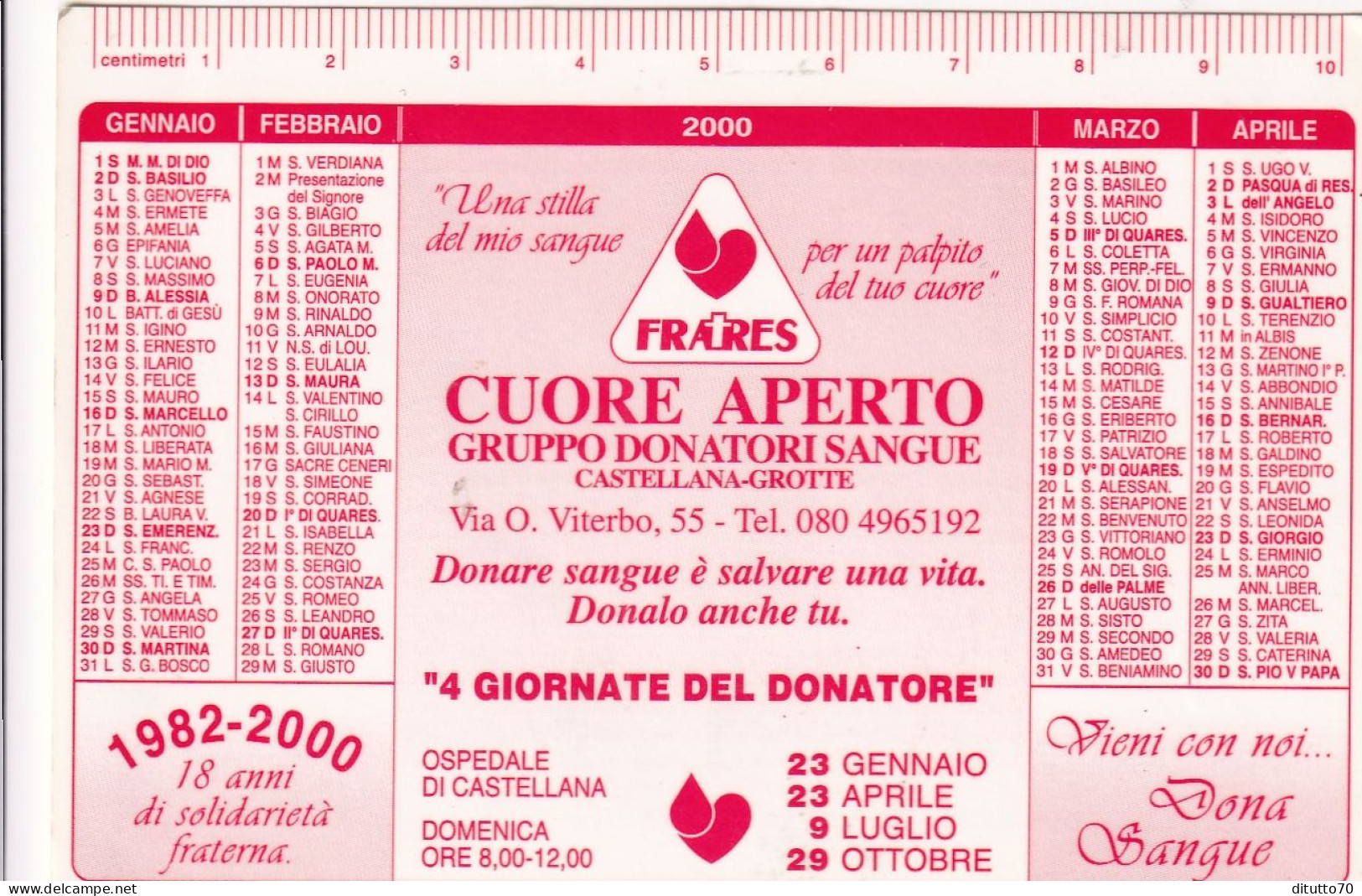 Calendarietto - Fratres - Gruppo Donatori Di Sangue - Castellana Grotte - Anno 2000 - Kleinformat : 1991-00