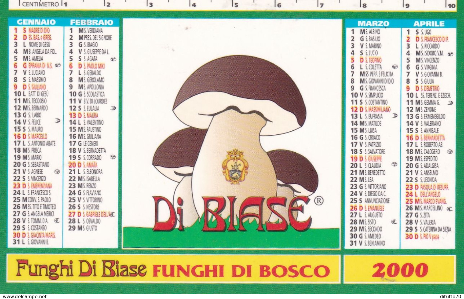 Calendarietto - Funghi Di Biase - Cusano Mutri - Benevento - Anno 2000 - Tamaño Pequeño : 1991-00