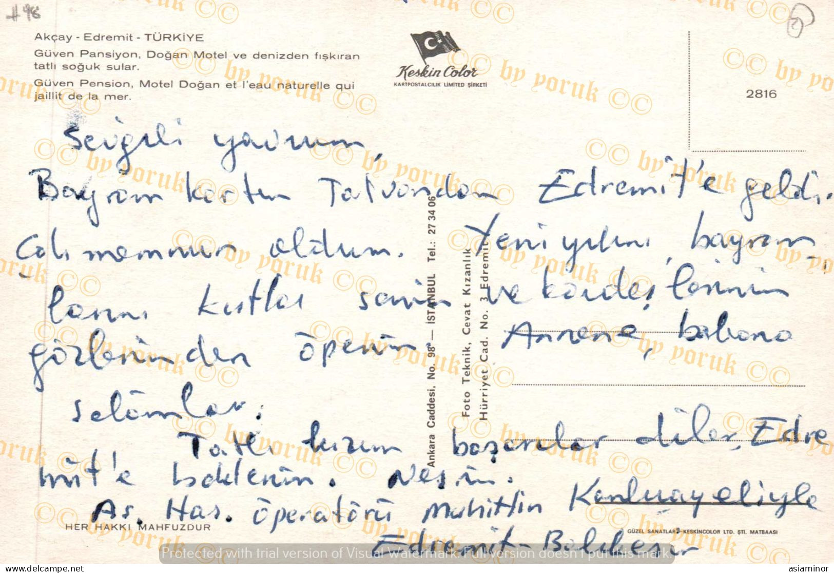 Postcard - 1970/80 - 10x15 Cm. | Turkey, Balıkesir, Edremit, Akçay - Güven Pension, Doğan Motel * - Turquia