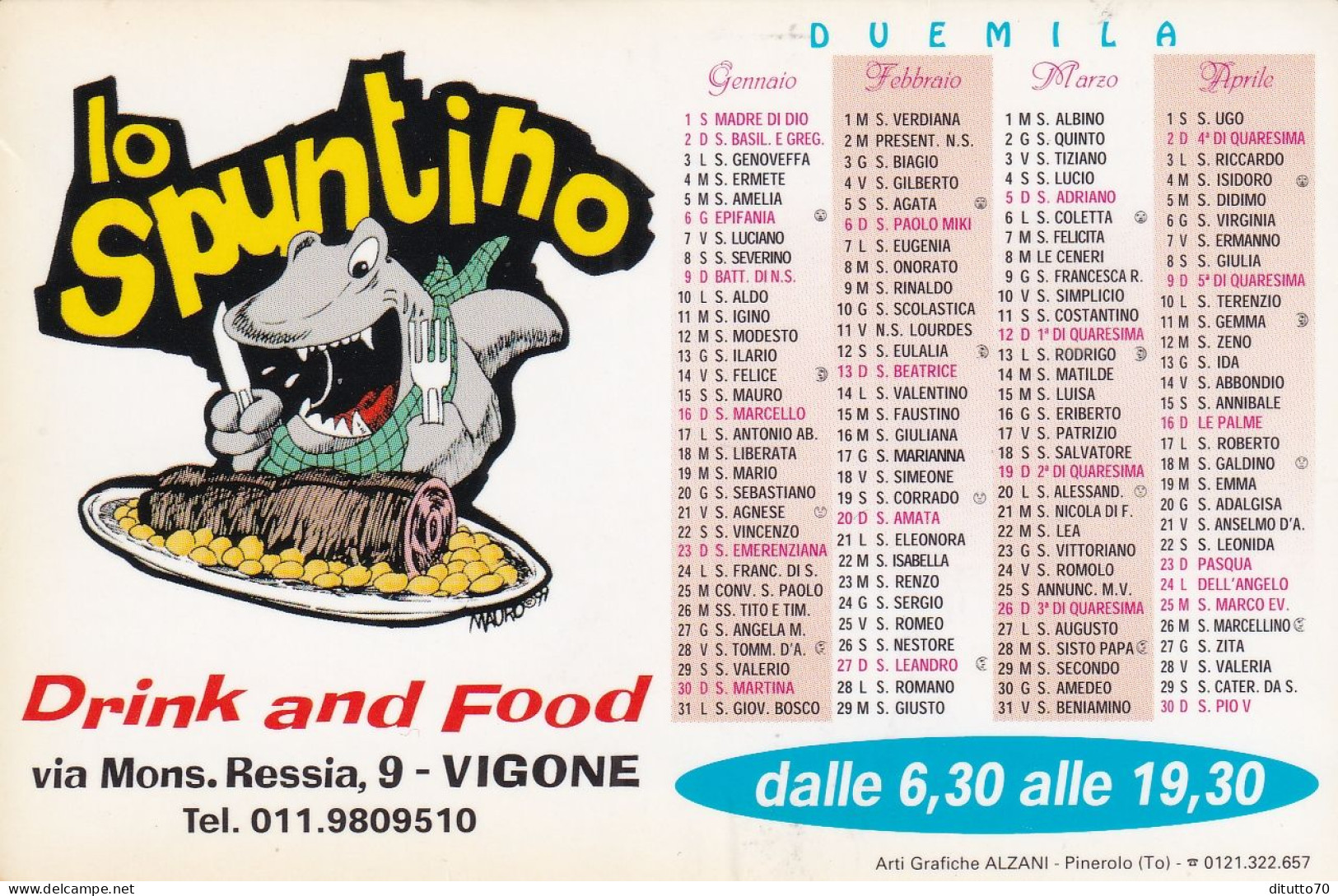 Calendarietto - Il Spuntino - Drink And Food - Vigone - Anno 2000 - Tamaño Pequeño : 1991-00