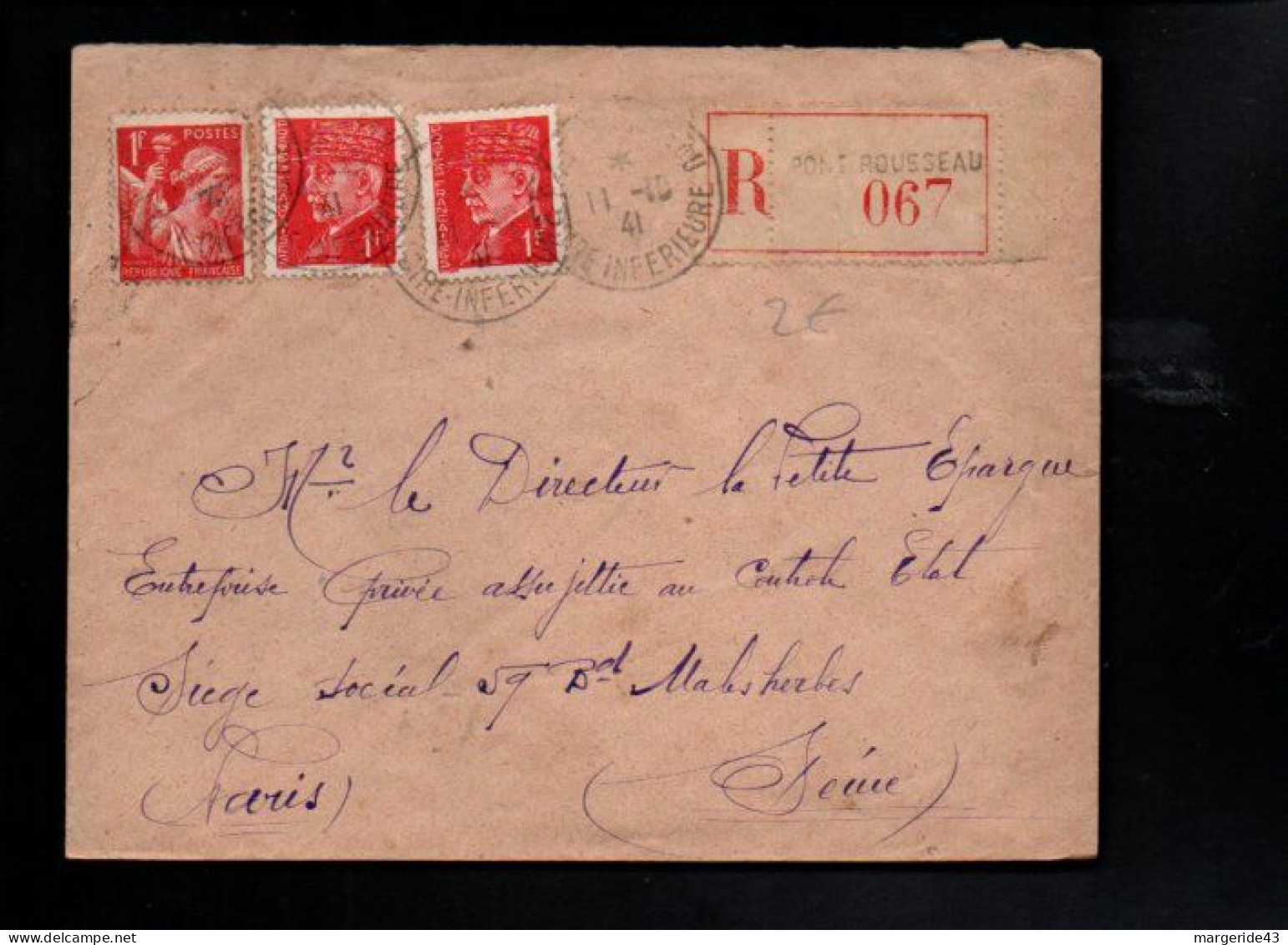 AFFRANCHISSEMENT COMPOSE SUR LETTRE RECOMMANDEE DE PONT ROUSSEAU 1941 - Posttarife