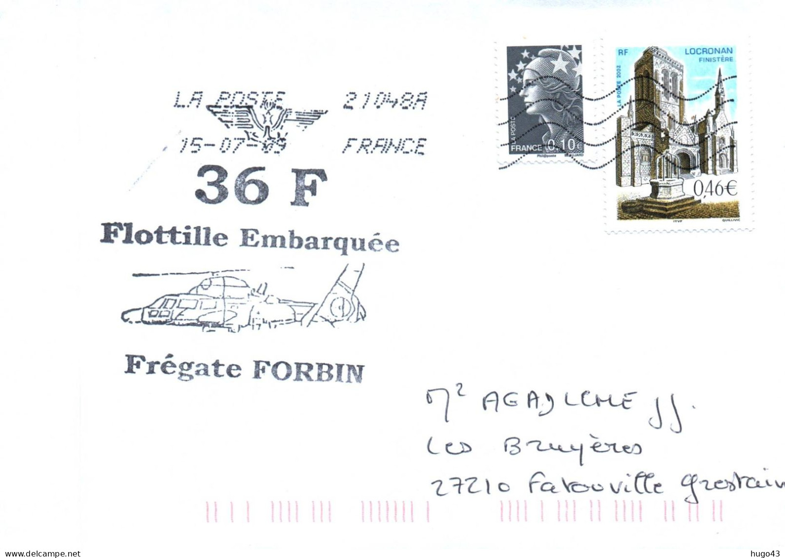 ENVELOPPE AVEC CACHET FREGATE FORBIN - FLOTTILLE 36F EMBARQUEE - LE 15/07/09 - BEAU TIMBRE - Naval Post