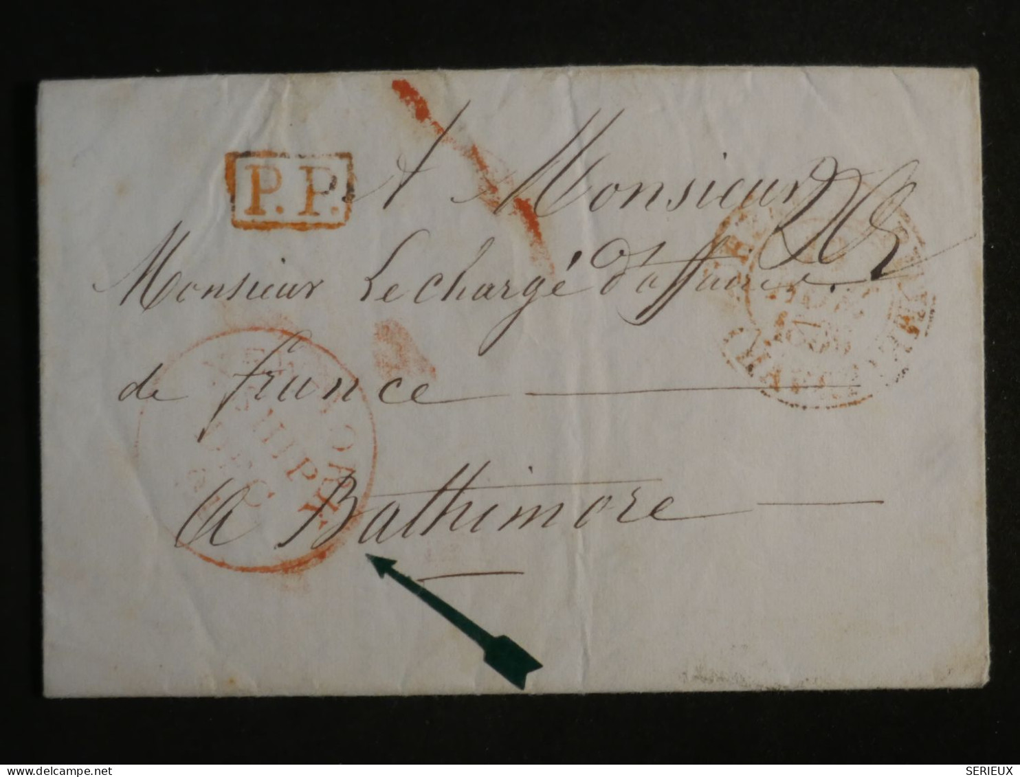 DN14 FRANCE  LETTRE RARE EN P.P 1836  A BALTHIMORE USA  AU CHARGé D AFFAIRE +CACHET  ROUGE SHIP  +AFF. INTERESSANT++ - 1801-1848: Précurseurs XIX