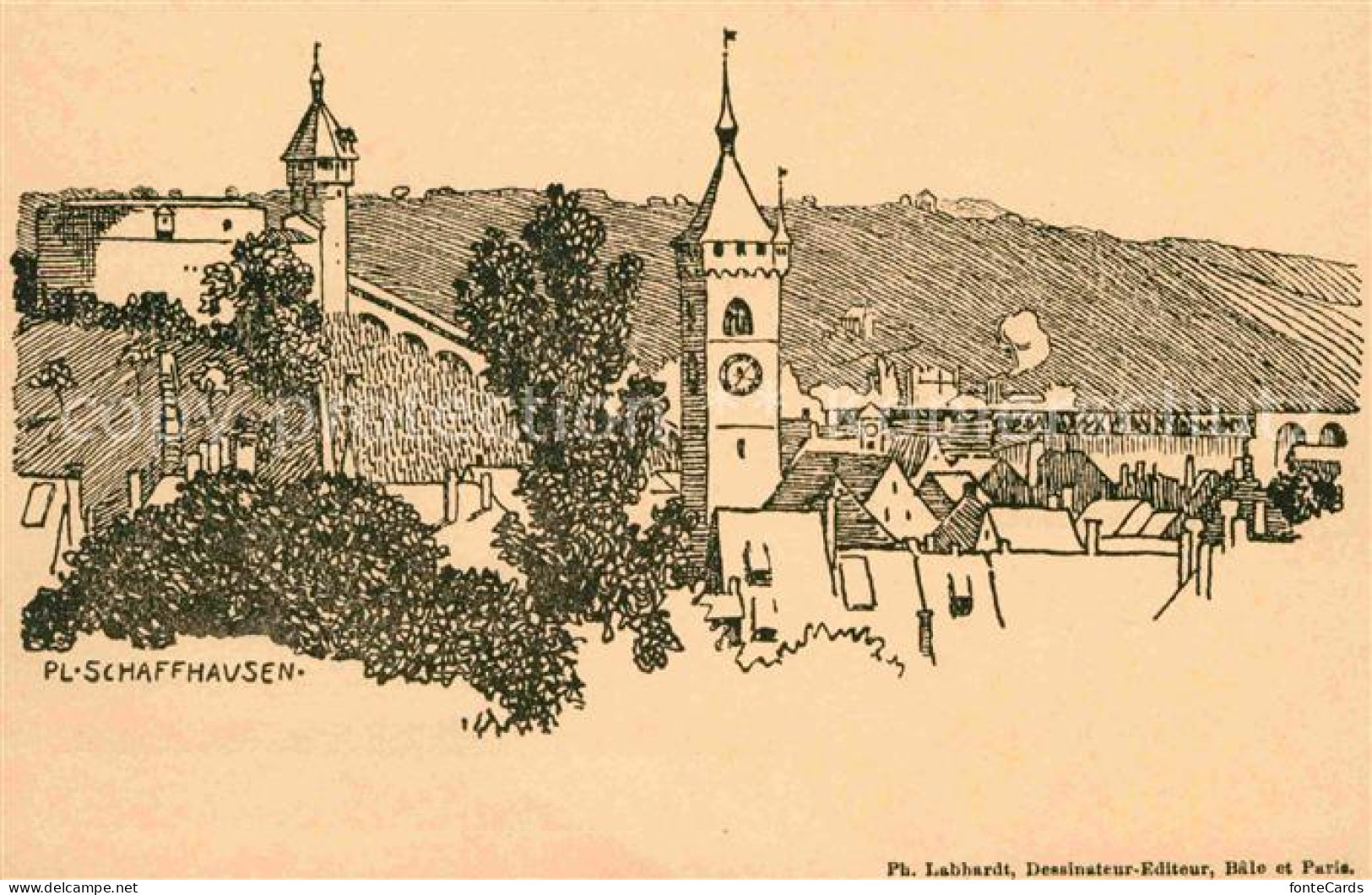 12650813 Schaffhausen SH Altstadt Kirche Festung Munot Zeichnung Kuenstlerkarte  - Andere & Zonder Classificatie