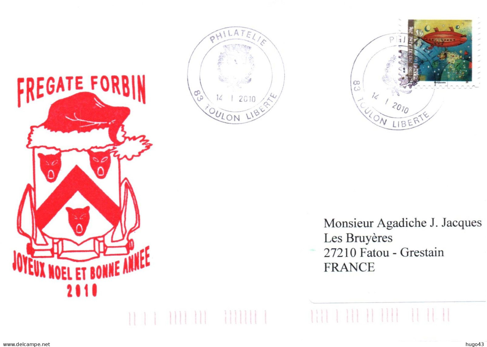 ENVELOPPE AVEC CACHET FREGATE FORBIN - JOYEUX NOEL ET BONNE ANNEE 2010 - LE 14/01/2010 - TOULON LIBERTE- BEAU TIMBRE - Naval Post