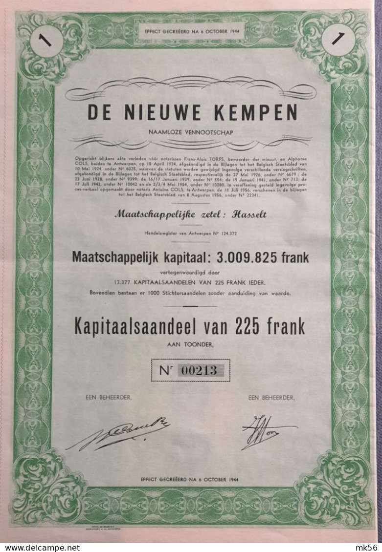 De Nieuwe Kempen - Hasselt - 1956 - Kapitaalsaandeel Van 225 Frank - Agricoltura