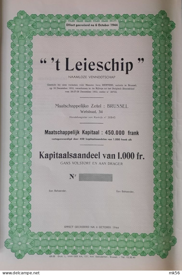 T Leieschip'  - 1952 - Bruxelles - UNC - Andere & Zonder Classificatie